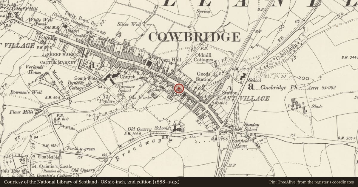 Ordnance Survey six-inch map, 2nd edition (1888–1913) covering the location of Nos 56 & 58 Eastgate, Cowbridge with Llanblethian, Vale of Glamorgan, with a pin at the register's coordinates