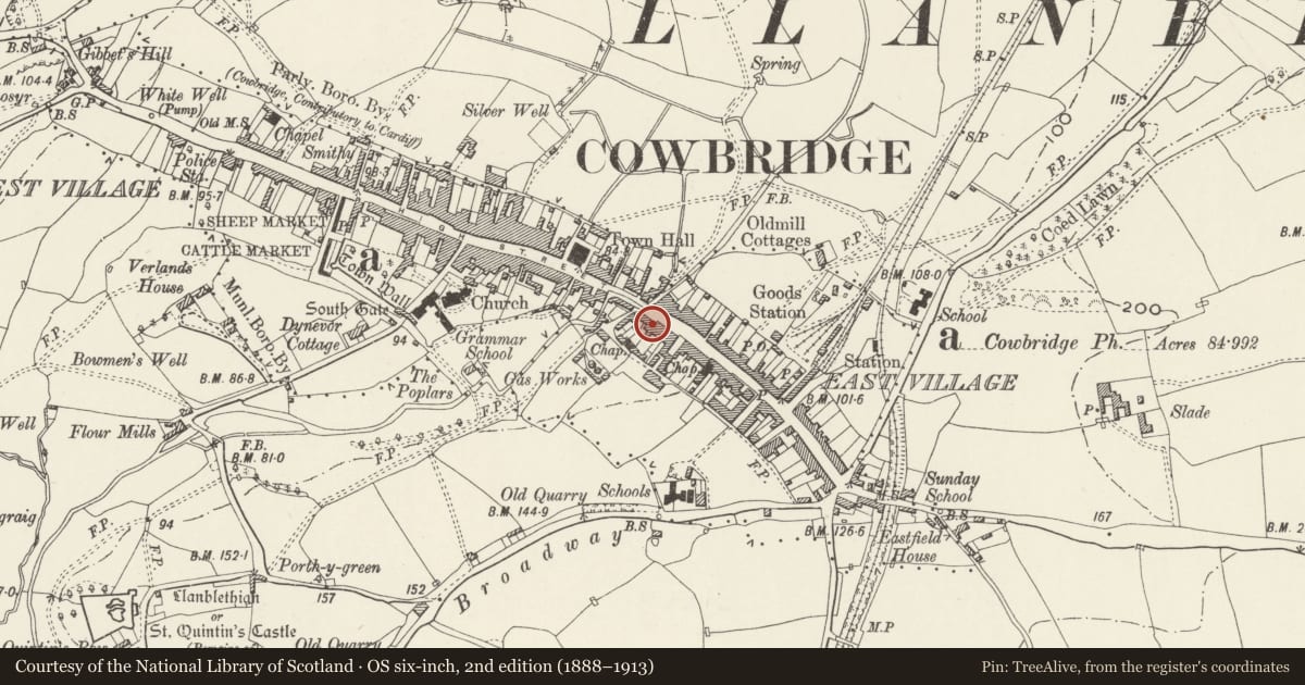 Ordnance Survey six-inch map, 2nd edition (1888–1913) covering the location of 70 Eastgate, Cowbridge with Llanblethian, Vale of Glamorgan, with a pin at the register's coordinates