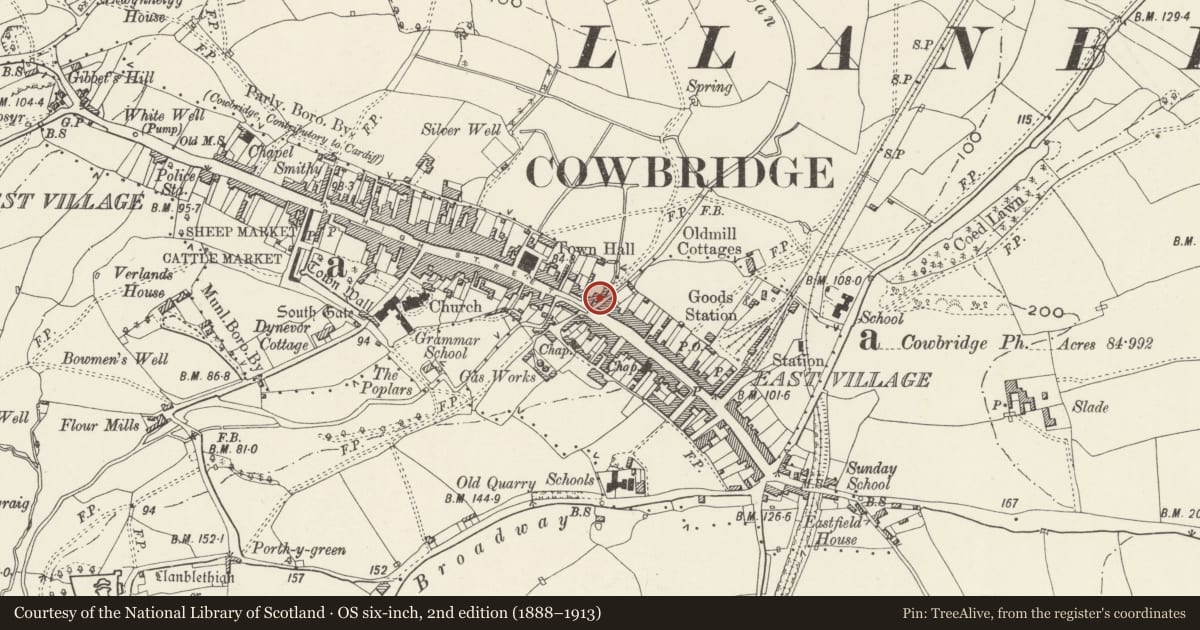 Ordnance Survey six-inch map, 2nd edition (1888–1913) covering the location of The Old Brewery Building, Cowbridge with Llanblethian, Vale of Glamorgan, with a pin at the register's coordinates