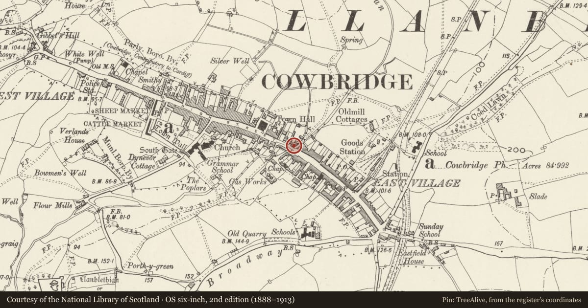 Ordnance Survey six-inch map, 2nd edition (1888–1913) covering the location of Glanthaw, including forecourt wall and railings, Cowbridge with Llanblethian, Vale of Glamorgan, with a pin at the register's coordinates
