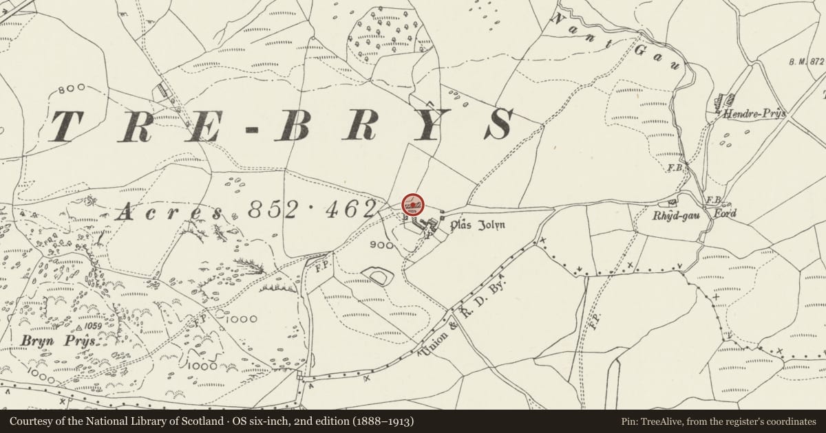Ordnance Survey six-inch map, 2nd edition (1888–1913) covering the location of Barn at Plas Iolyn, Pentrefoelas, Conwy, with a pin at the register's coordinates