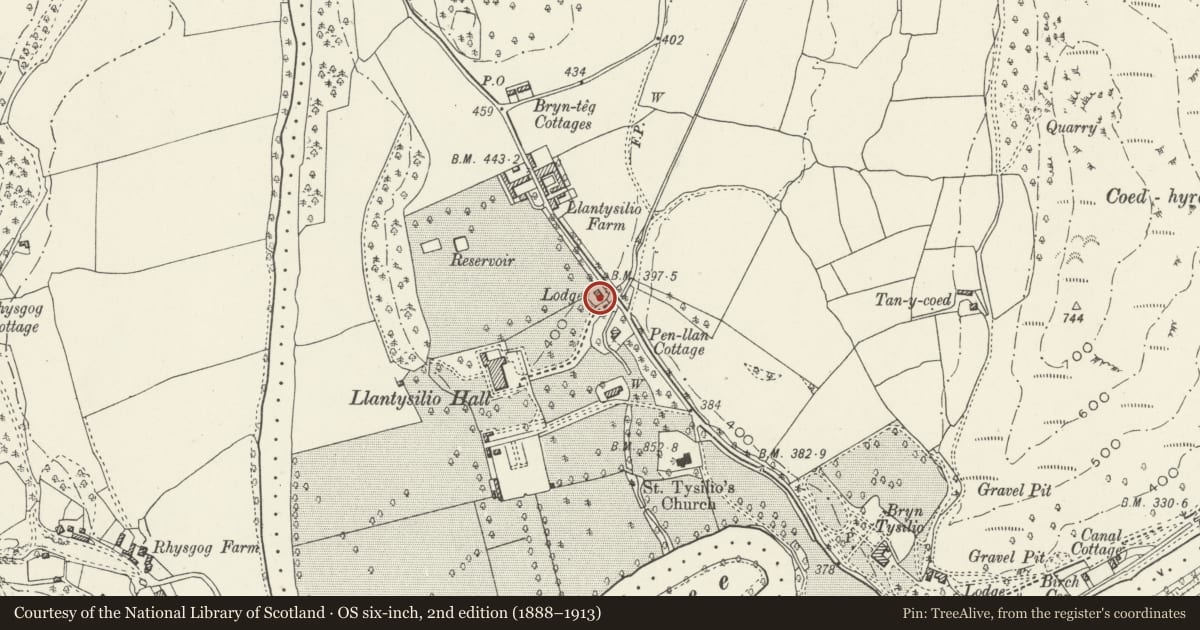 Ordnance Survey six-inch map, 2nd edition (1888–1913) covering the location of Lodge to Llantysilio Hall, Denbighshire, with a pin at the register's coordinates