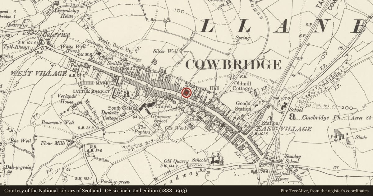 Ordnance Survey six-inch map, 2nd edition (1888–1913) covering the location of The Town Hall, Cowbridge with Llanblethian, Vale of Glamorgan, with a pin at the register's coordinates