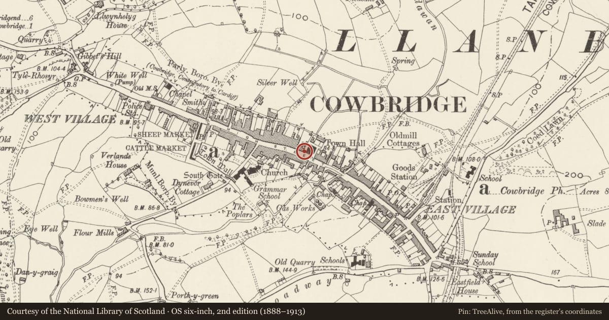 Ordnance Survey six-inch map, 2nd edition (1888–1913) covering the location of Water Pump against SE Elevation of No 23 High Street, Cowbridge with Llanblethian, Vale of Glamorgan, with a pin at the register's coordinates