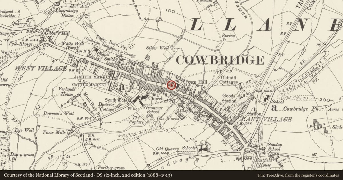 Ordnance Survey six-inch map, 2nd edition (1888–1913) covering the location of 23 High Street, Cowbridge with Llanblethian, Vale of Glamorgan, with a pin at the register's coordinates