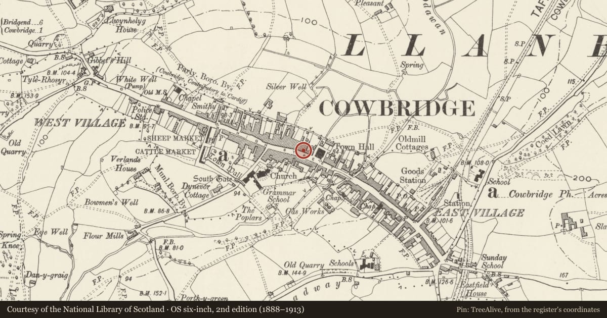 Ordnance Survey six-inch map, 2nd edition (1888–1913) covering the location of 27 High Street, Cowbridge with Llanblethian, Vale of Glamorgan, with a pin at the register's coordinates