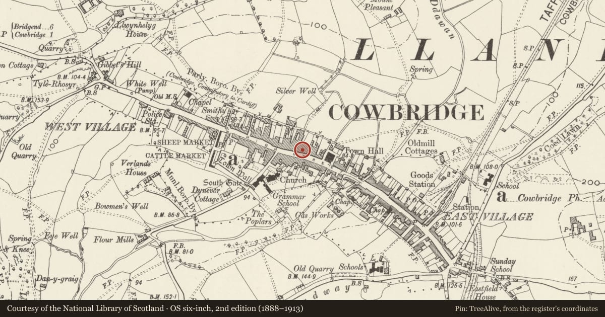 Ordnance Survey six-inch map, 2nd edition (1888–1913) covering the location of Nos. 35, 35a & 35b High Street, Cowbridge with Llanblethian, Vale of Glamorgan, with a pin at the register's coordinates