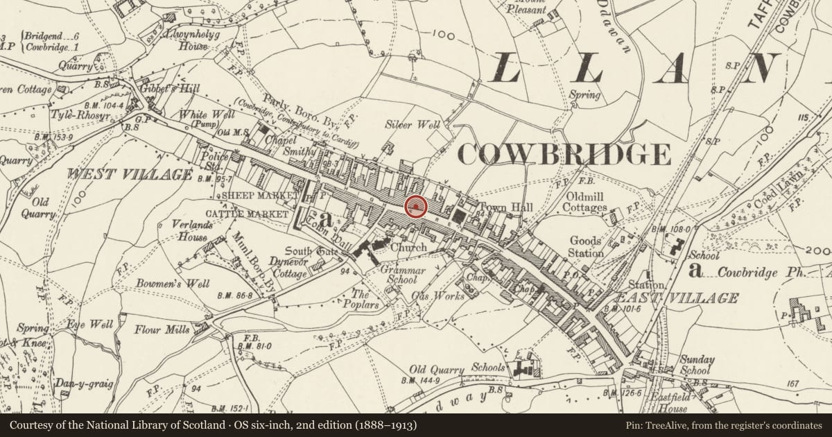 Ordnance Survey six-inch map, 2nd edition (1888–1913) covering the location of Xantippe, Cowbridge with Llanblethian, Vale of Glamorgan, with a pin at the register's coordinates