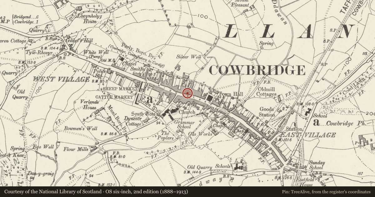 Ordnance Survey six-inch map, 2nd edition (1888–1913) covering the location of 43 High Street, Cowbridge with Llanblethian, Vale of Glamorgan, with a pin at the register's coordinates