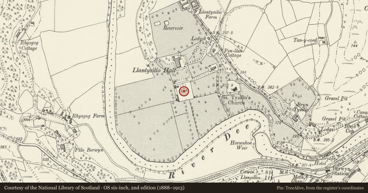 Ordnance Survey six-inch map, 2nd edition (1888–1913) covering the location of Sundial at Llantysilio Hall, Denbighshire, with a pin at the register's coordinates