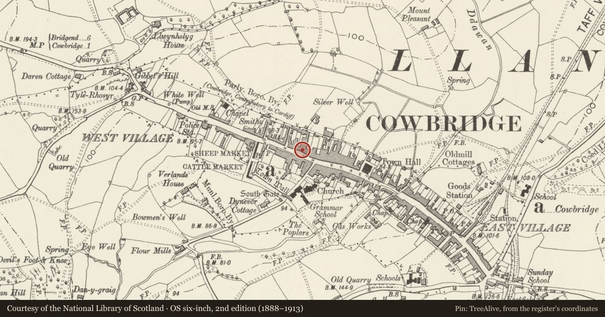 Ordnance Survey six-inch map, 2nd edition (1888–1913) covering the location of The Bear Hotel, Cowbridge with Llanblethian, Vale of Glamorgan, with a pin at the register's coordinates