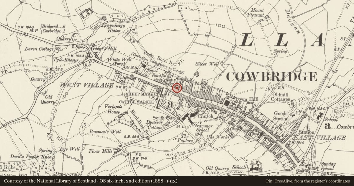 Ordnance Survey six-inch map, 2nd edition (1888–1913) covering the location of Llwyn Celyn, Cowbridge with Llanblethian, Vale of Glamorgan, with a pin at the register's coordinates