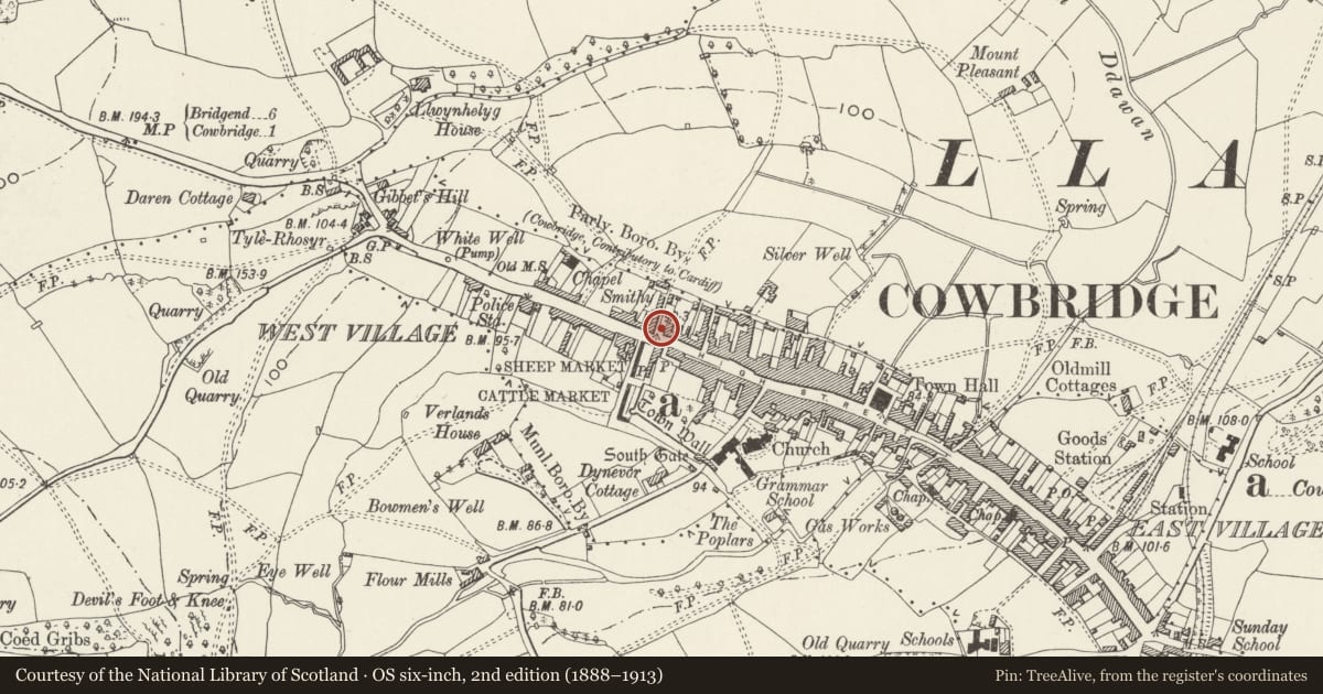 Ordnance Survey six-inch map, 2nd edition (1888–1913) covering the location of NW Boundary Wall To No 83 High Street, Cowbridge with Llanblethian, Vale of Glamorgan, with a pin at the register's coordinates