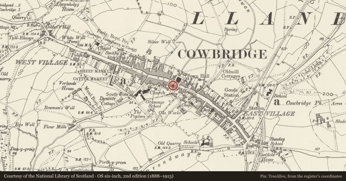 Ordnance Survey six-inch map, 2nd edition (1888–1913) covering the location of 16 High Street, Cowbridge with Llanblethian, Vale of Glamorgan, with a pin at the register's coordinates