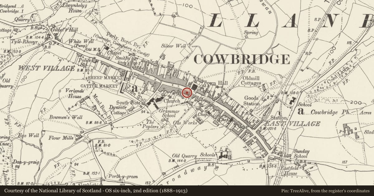Ordnance Survey six-inch map, 2nd edition (1888–1913) covering the location of 18 High Street, Cowbridge with Llanblethian, Vale of Glamorgan, with a pin at the register's coordinates