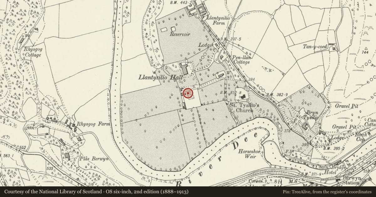 Ordnance Survey six-inch map, 2nd edition (1888–1913) covering the location of Walled Garden at Llantysilio Hall, Denbighshire, with a pin at the register's coordinates
