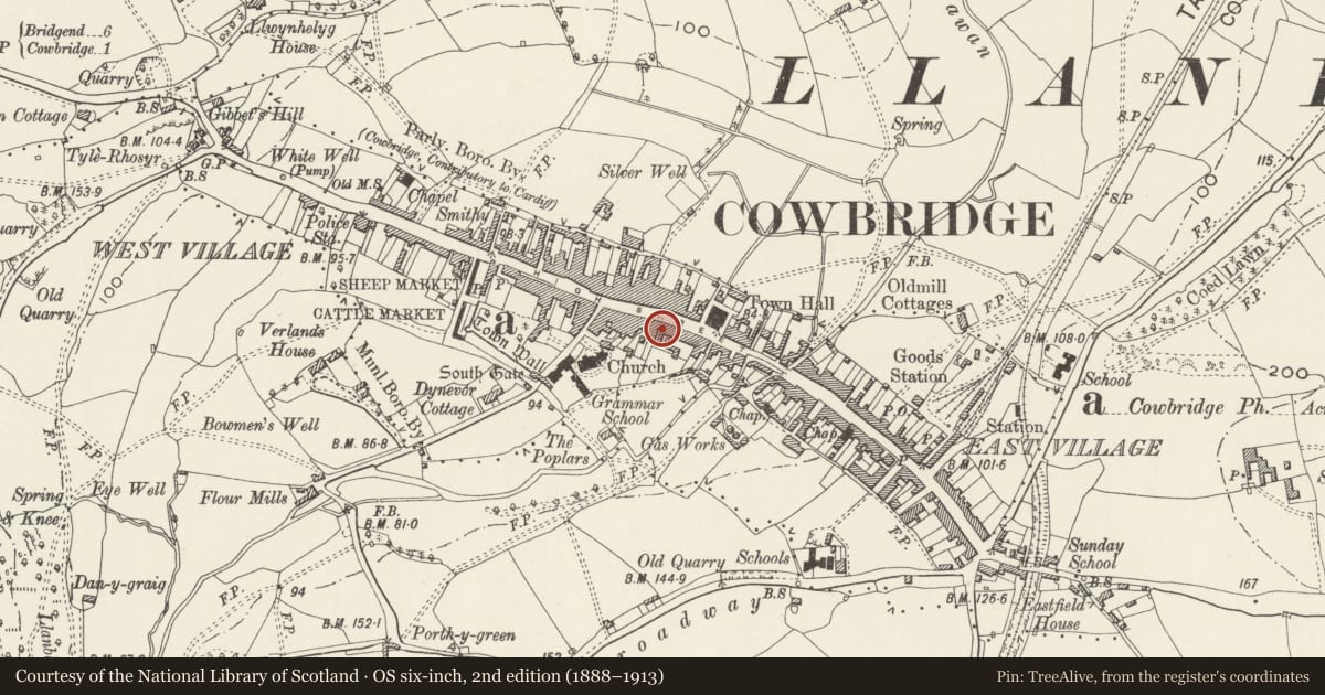 Ordnance Survey six-inch map, 2nd edition (1888–1913) covering the location of Ogmore Vale Bakery, Cowbridge with Llanblethian, Vale of Glamorgan, with a pin at the register's coordinates