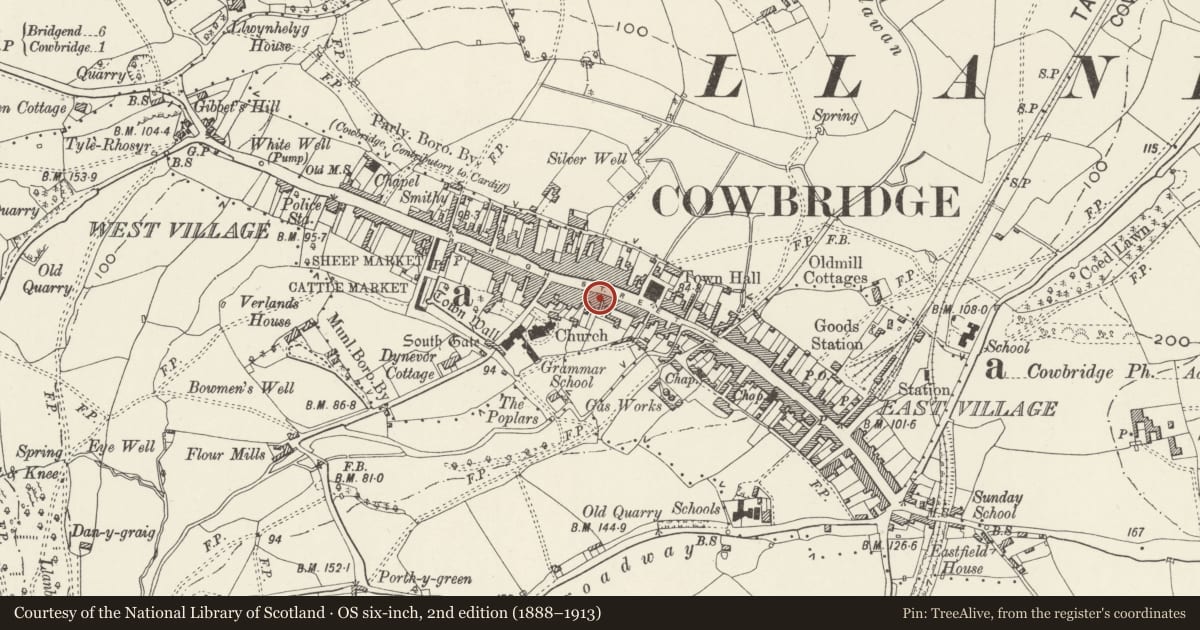 Ordnance Survey six-inch map, 2nd edition (1888–1913) covering the location of The Great House, Cowbridge with Llanblethian, Vale of Glamorgan, with a pin at the register's coordinates