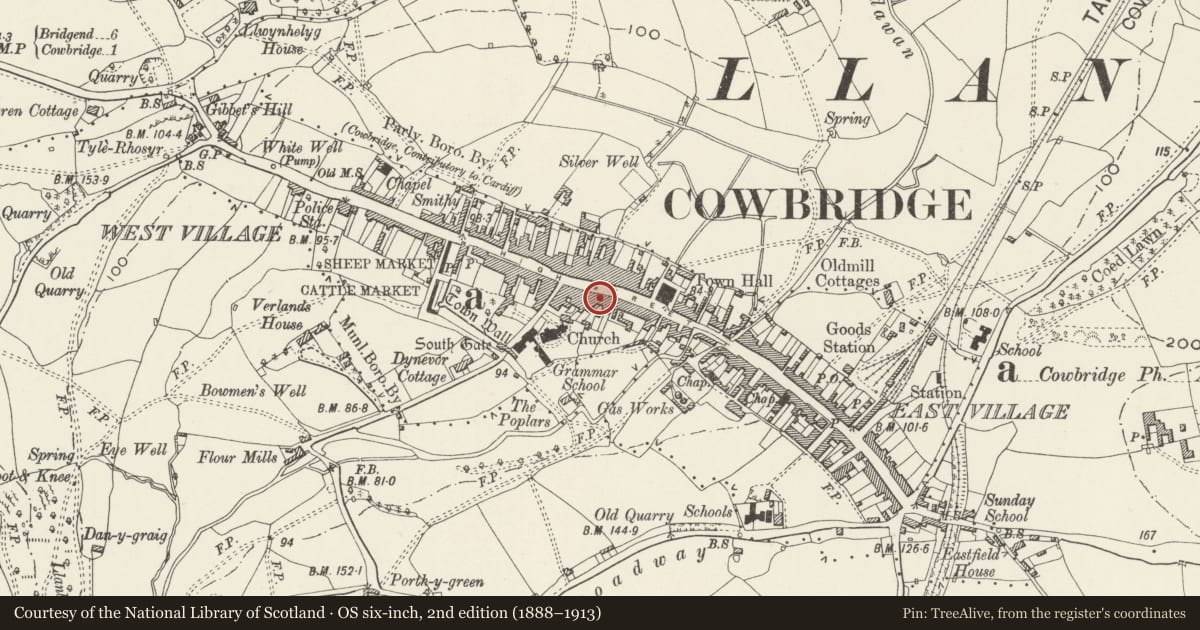 Ordnance Survey six-inch map, 2nd edition (1888–1913) covering the location of Woodcocks and W G Davies, Cowbridge with Llanblethian, Vale of Glamorgan, with a pin at the register's coordinates
