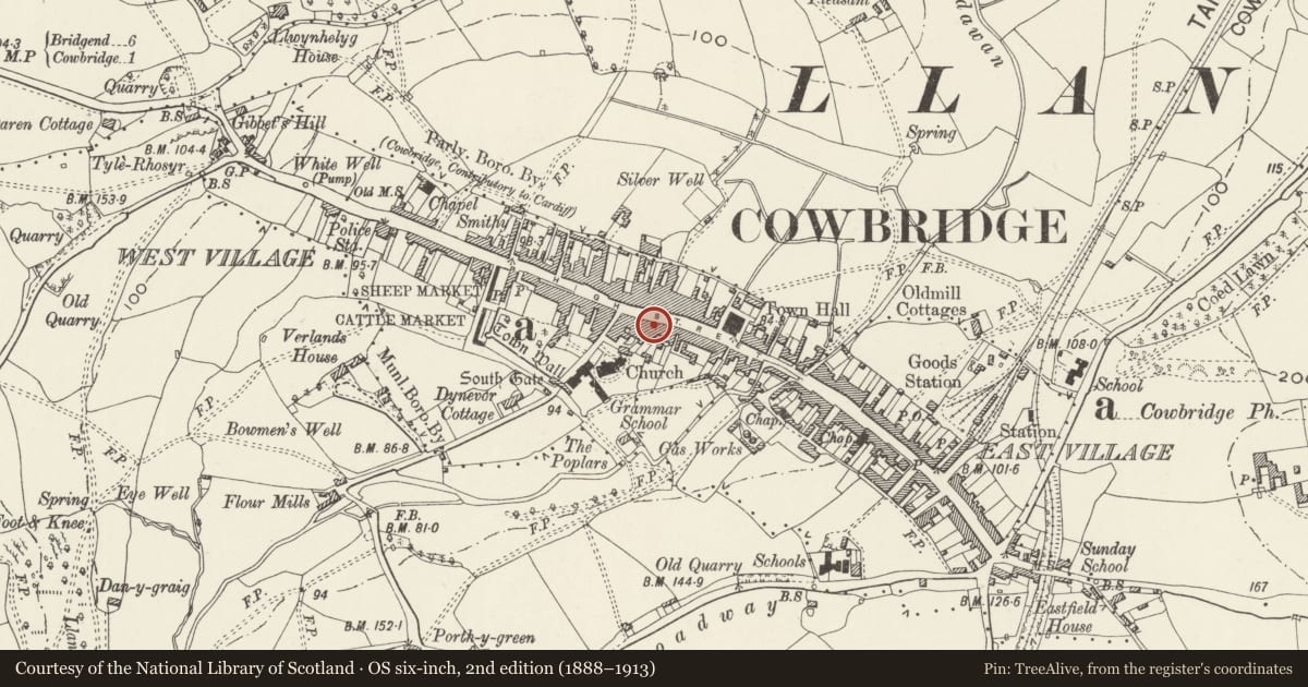 Ordnance Survey six-inch map, 2nd edition (1888–1913) covering the location of Etcetera and Threshers, Cowbridge with Llanblethian, Vale of Glamorgan, with a pin at the register's coordinates