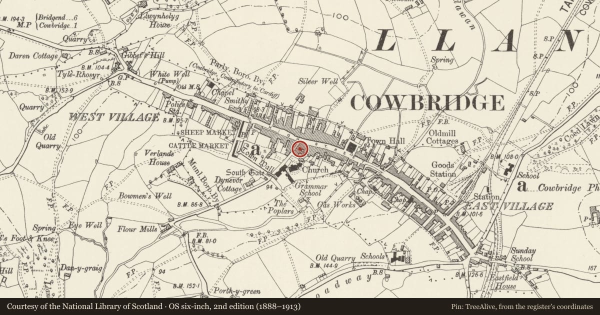 Ordnance Survey six-inch map, 2nd edition (1888–1913) covering the location of Duke of Wellington PH including Rear Wing to Church Street, Cowbridge with Llanblethian, Vale of Glamorgan, with a pin at the register's coordinates