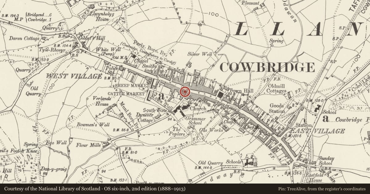 Ordnance Survey six-inch map, 2nd edition (1888–1913) covering the location of 50 High Street, Cowbridge with Llanblethian, Vale of Glamorgan, with a pin at the register's coordinates