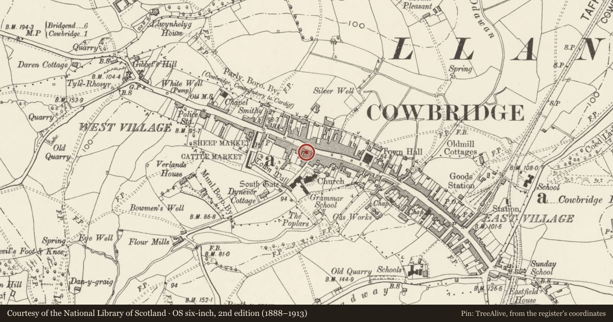 Ordnance Survey six-inch map, 2nd edition (1888–1913) covering the location of 52 High Street, Cowbridge with Llanblethian, Vale of Glamorgan, with a pin at the register's coordinates