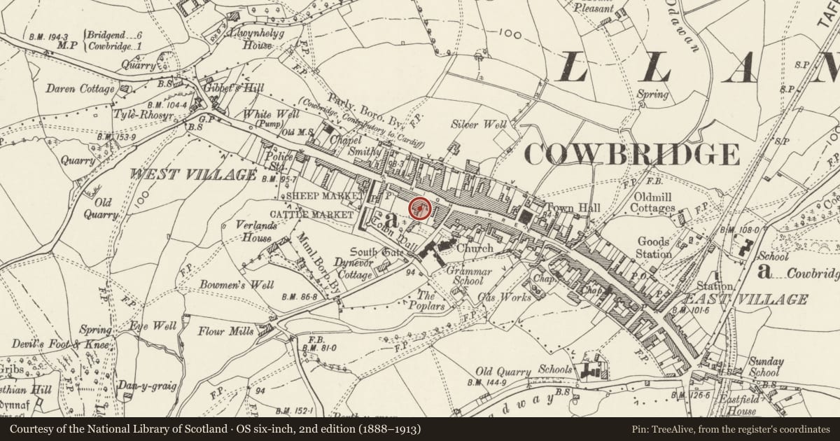 Ordnance Survey six-inch map, 2nd edition (1888–1913) covering the location of High Street Garage, Cowbridge with Llanblethian, Vale of Glamorgan, with a pin at the register's coordinates