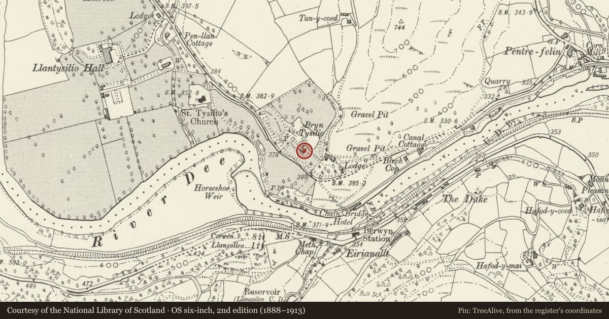 Ordnance Survey six-inch map, 2nd edition (1888–1913) covering the location of Bryntysilio, Llantysilio, Denbighshire, with a pin at the register's coordinates