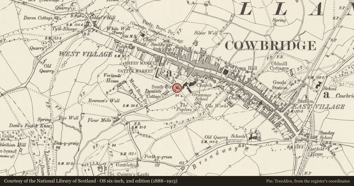 Ordnance Survey six-inch map, 2nd edition (1888–1913) covering the location of Rose Cottage, including forecourt garden walls, Cowbridge with Llanblethian, Vale of Glamorgan, with a pin at the register's coordinates