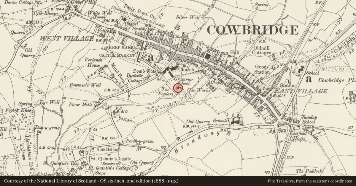 Ordnance Survey six-inch map, 2nd edition (1888–1913) covering the location of The Poplars, including garden walls and gate, Cowbridge with Llanblethian, Vale of Glamorgan, with a pin at the register's coordinates