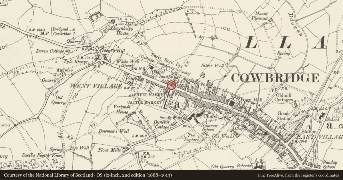 Ordnance Survey six-inch map, 2nd edition (1888–1913) covering the location of 1 & 3 Westgate, Cowbridge with Llanblethian, Vale of Glamorgan, with a pin at the register's coordinates