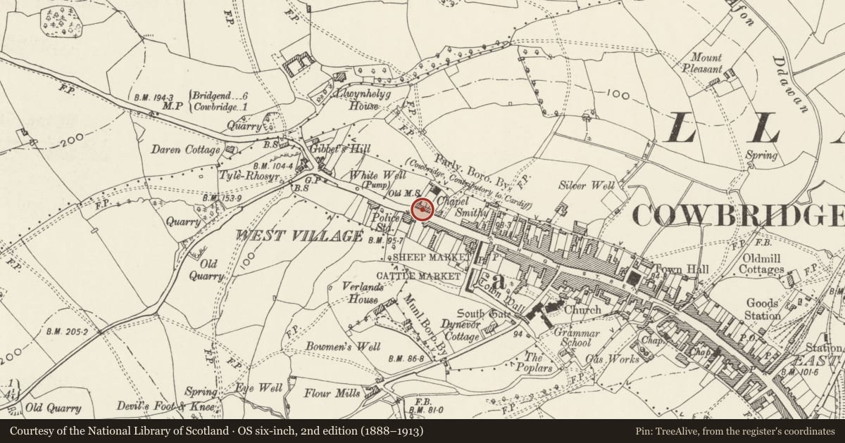 Ordnance Survey six-inch map, 2nd edition (1888–1913) covering the location of 21 Westgate, Cowbridge with Llanblethian, Vale of Glamorgan, with a pin at the register's coordinates