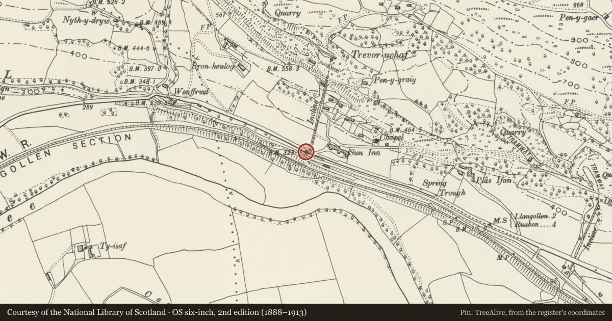 Ordnance Survey six-inch map, 2nd edition (1888–1913) covering the location of Bridge No 41, Llangollen, Denbighshire, with a pin at the register's coordinates