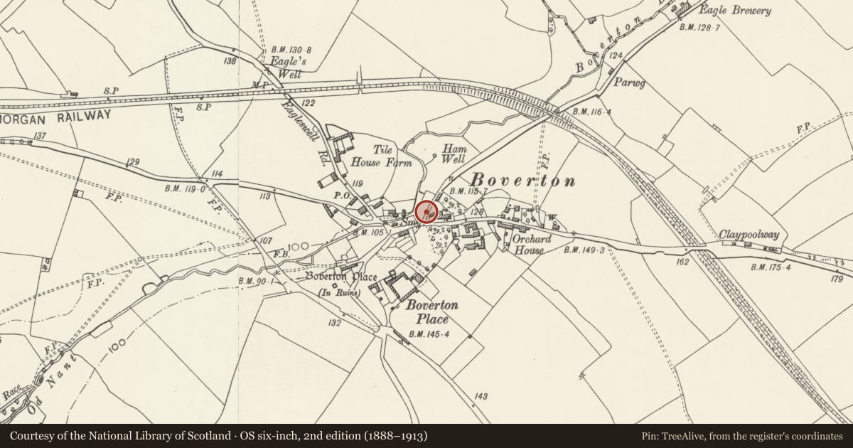 Ordnance Survey six-inch map, 2nd edition (1888–1913) covering the location of Walls surrounding Garden to west of Boverton House, Llantwit Major, Vale of Glamorgan, with a pin at the register's coordinates