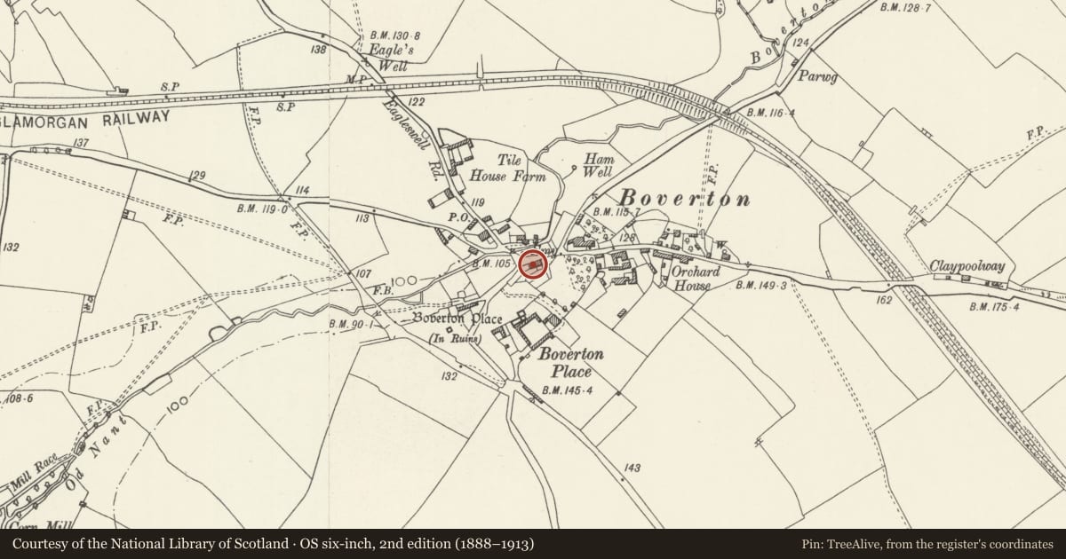Ordnance Survey six-inch map, 2nd edition (1888–1913) covering the location of The Causeway, Llantwit Major, Vale of Glamorgan, with a pin at the register's coordinates