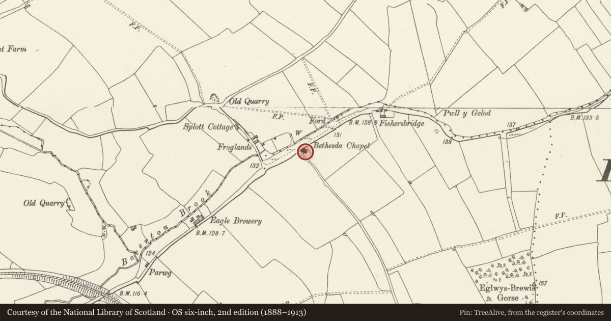 Ordnance Survey six-inch map, 2nd edition (1888–1913) covering the location of Bethesda'r Fro Chapel with attached mounting block, Llantwit Major, Vale of Glamorgan, with a pin at the register's coordinates