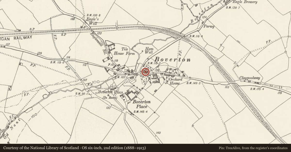 Ordnance Survey six-inch map, 2nd edition (1888–1913) covering the location of Boverton House with attached Stable Range, Llantwit Major, Vale of Glamorgan, with a pin at the register's coordinates
