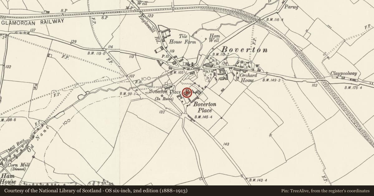 Ordnance Survey six-inch map, 2nd edition (1888–1913) covering the location of Boverton Place including attached bee-boles, Llantwit Major, Vale of Glamorgan, with a pin at the register's coordinates