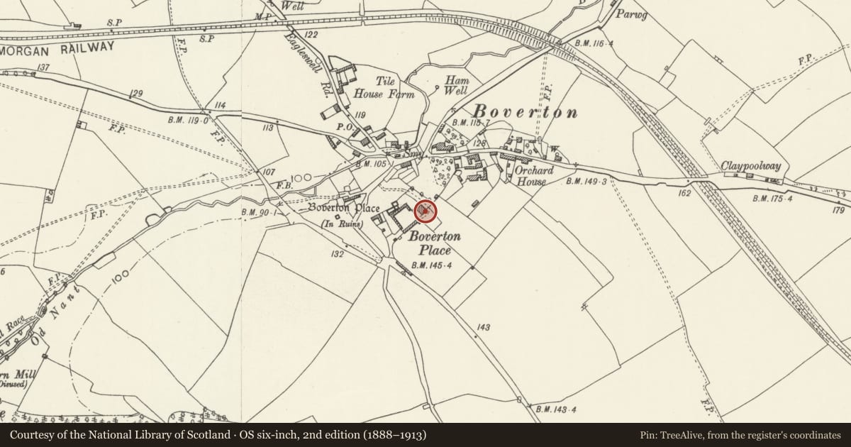 Ordnance Survey six-inch map, 2nd edition (1888–1913) covering the location of Boverton Park House, Llantwit Major, Vale of Glamorgan, with a pin at the register's coordinates