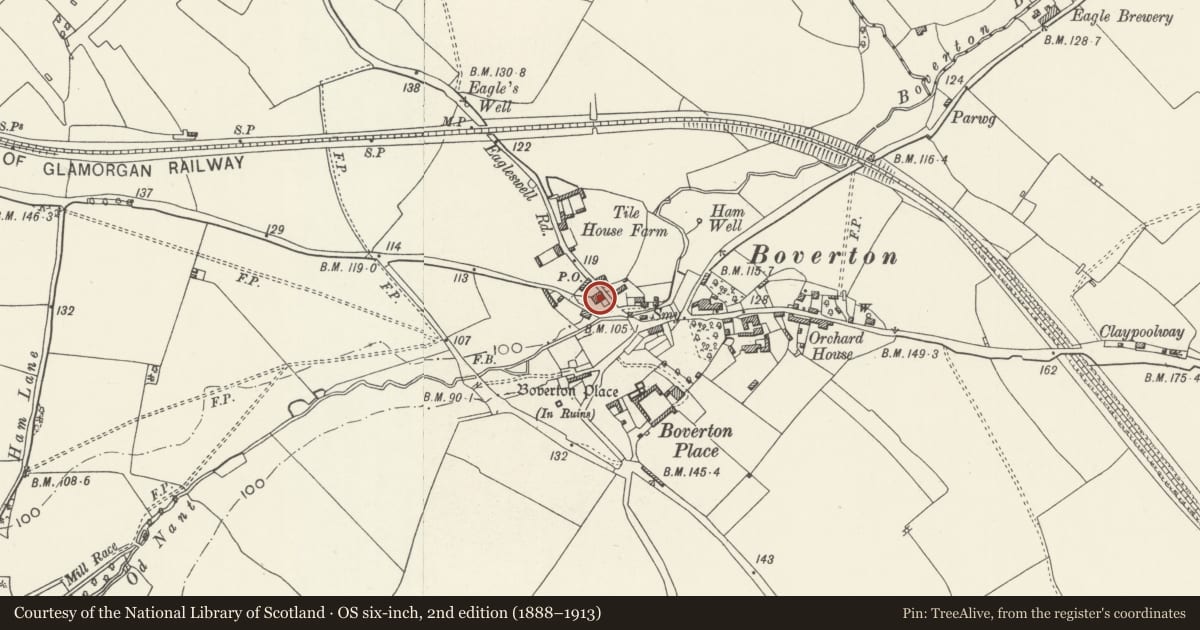 Ordnance Survey six-inch map, 2nd edition (1888–1913) covering the location of Tyle House, Llantwit Major, Vale of Glamorgan, with a pin at the register's coordinates