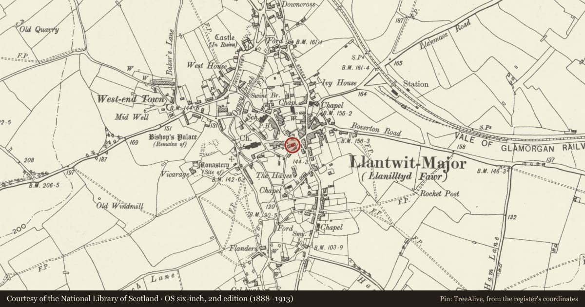 Ordnance Survey six-inch map, 2nd edition (1888–1913) covering the location of The Town Hall, Llantwit Major, Vale of Glamorgan, with a pin at the register's coordinates