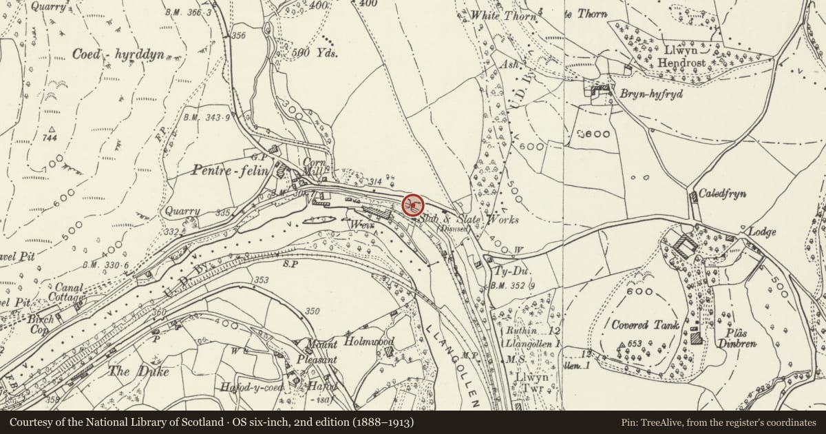Ordnance Survey six-inch map, 2nd edition (1888–1913) covering the location of Pentrefelin Bridge, Llangollen Canal Bridge No 48, Llantysilio, Denbighshire, with a pin at the register's coordinates
