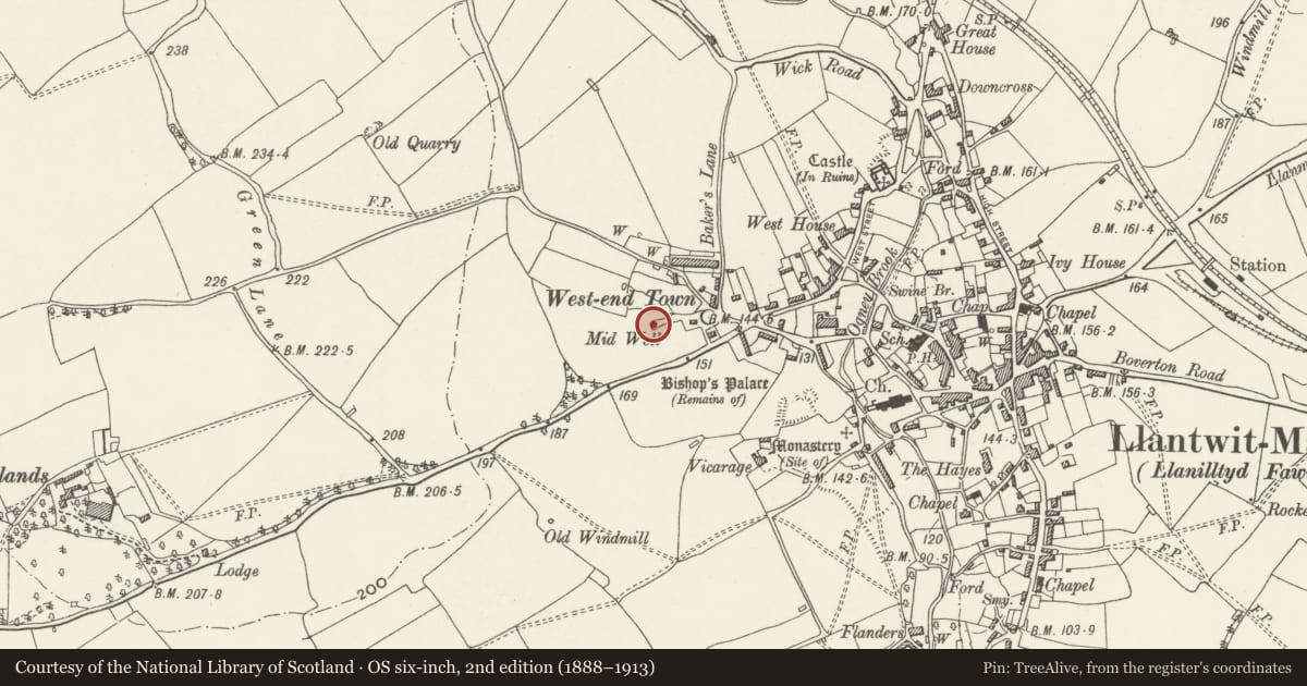 Ordnance Survey six-inch map, 2nd edition (1888–1913) covering the location of Mid Well at West-End Town, Llantwit Major, Vale of Glamorgan, with a pin at the register's coordinates