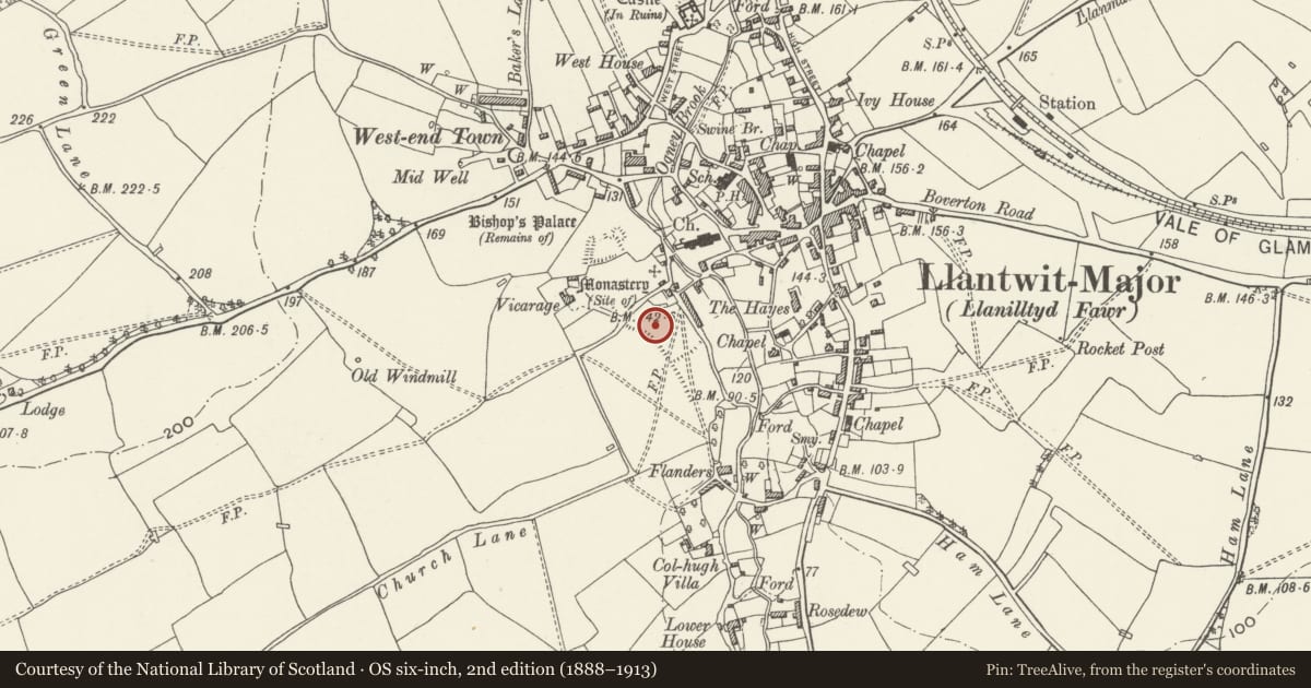 Ordnance Survey six-inch map, 2nd edition (1888–1913) covering the location of Dovecote, Llantwit Major, Vale of Glamorgan, with a pin at the register's coordinates