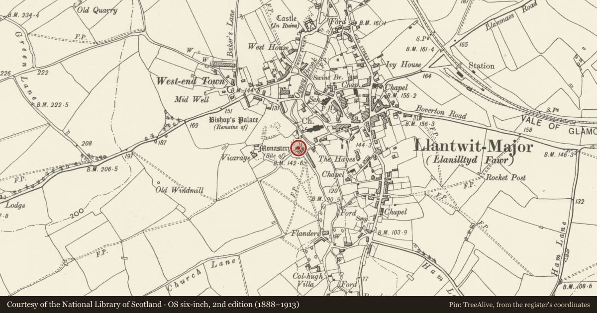 Ordnance Survey six-inch map, 2nd edition (1888–1913) covering the location of The Gatehouse (Porter's Room), Llantwit Major, Vale of Glamorgan, with a pin at the register's coordinates