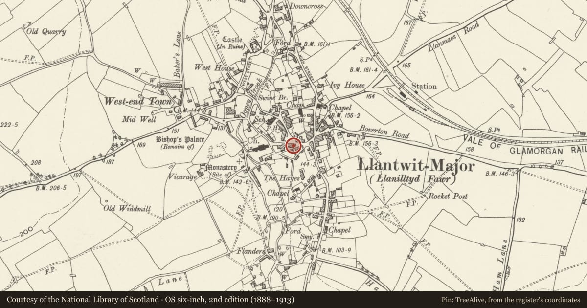 Ordnance Survey six-inch map, 2nd edition (1888–1913) covering the location of Tudor Tavern P.H., Llantwit Major, Vale of Glamorgan, with a pin at the register's coordinates
