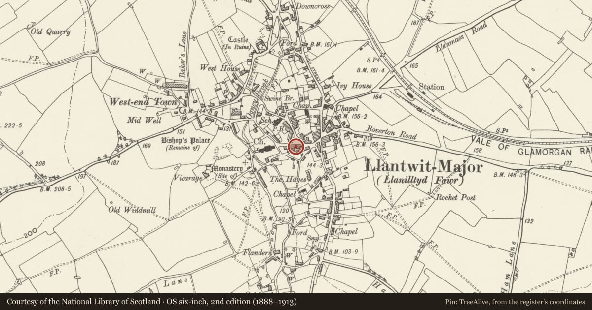 Ordnance Survey six-inch map, 2nd edition (1888–1913) covering the location of 1 Church Street, Llantwit Major, Vale of Glamorgan, with a pin at the register's coordinates