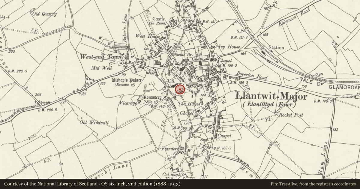 Ordnance Survey six-inch map, 2nd edition (1888–1913) covering the location of Churchyard Walls & Gates to Church of St Illtud, Llantwit Major, Vale of Glamorgan, with a pin at the register's coordinates