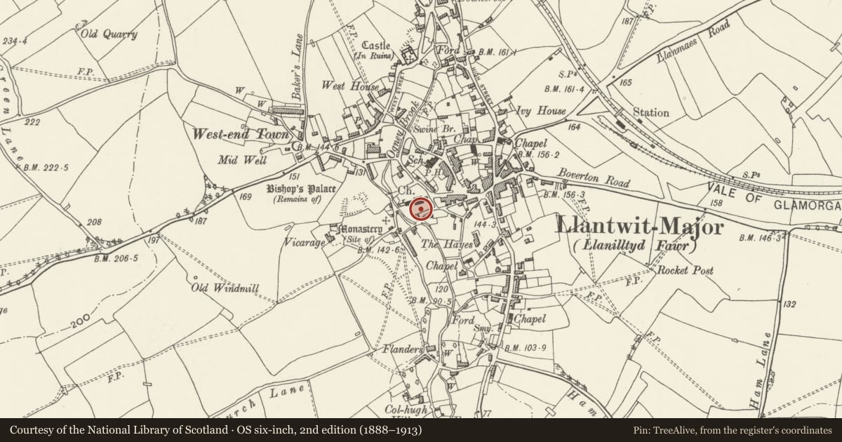 Ordnance Survey six-inch map, 2nd edition (1888–1913) covering the location of Cross in Churchyard of Church of St. Illtud, Llantwit Major, Vale of Glamorgan, with a pin at the register's coordinates
